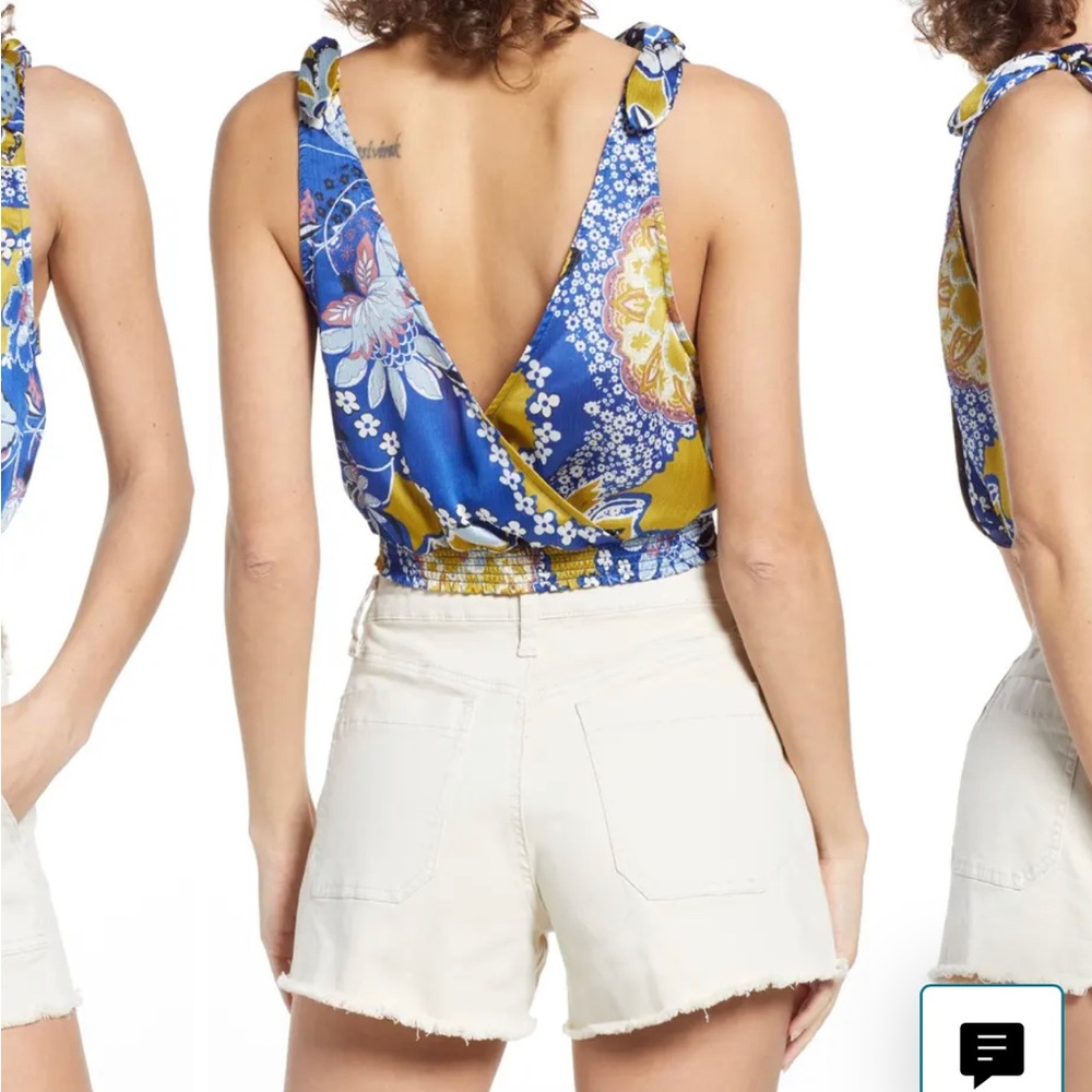 Free People Blue and Yellow Floral V-Neck Cropped Tank - Picture 2 of 6